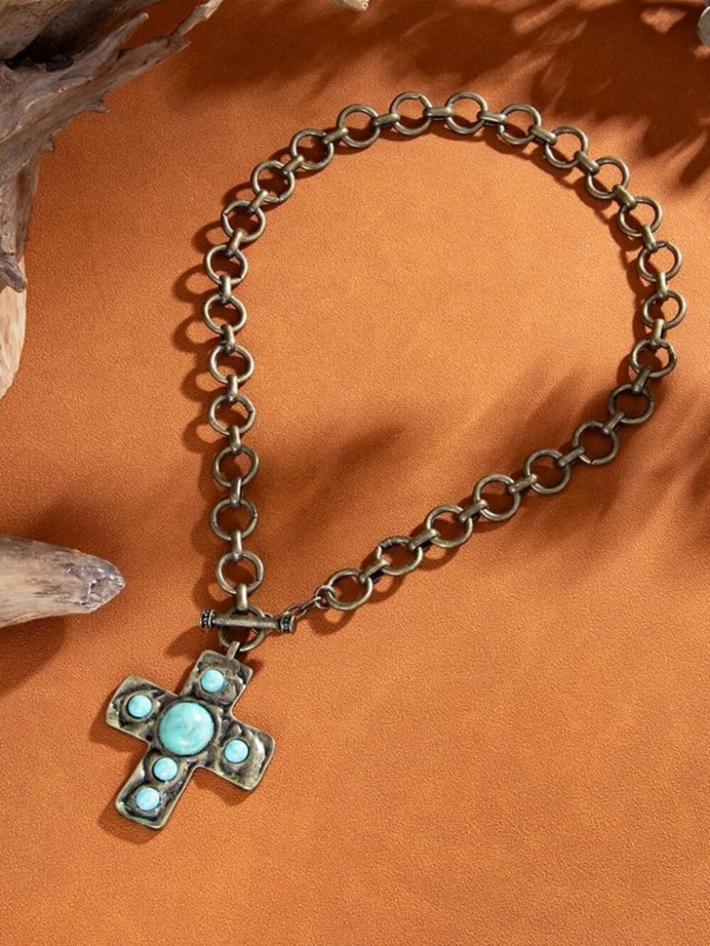Boho Chunky Gold Turquoise Cross Pendant Necklace for Women Vintage Crucifix Cou - Picture 7 of 7